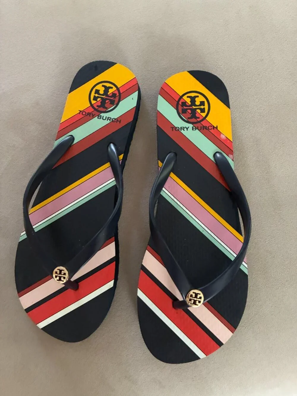 Tory Burch Women's US 9 Striped Logo Flip Flop Sandals Multicolor Navy EVA